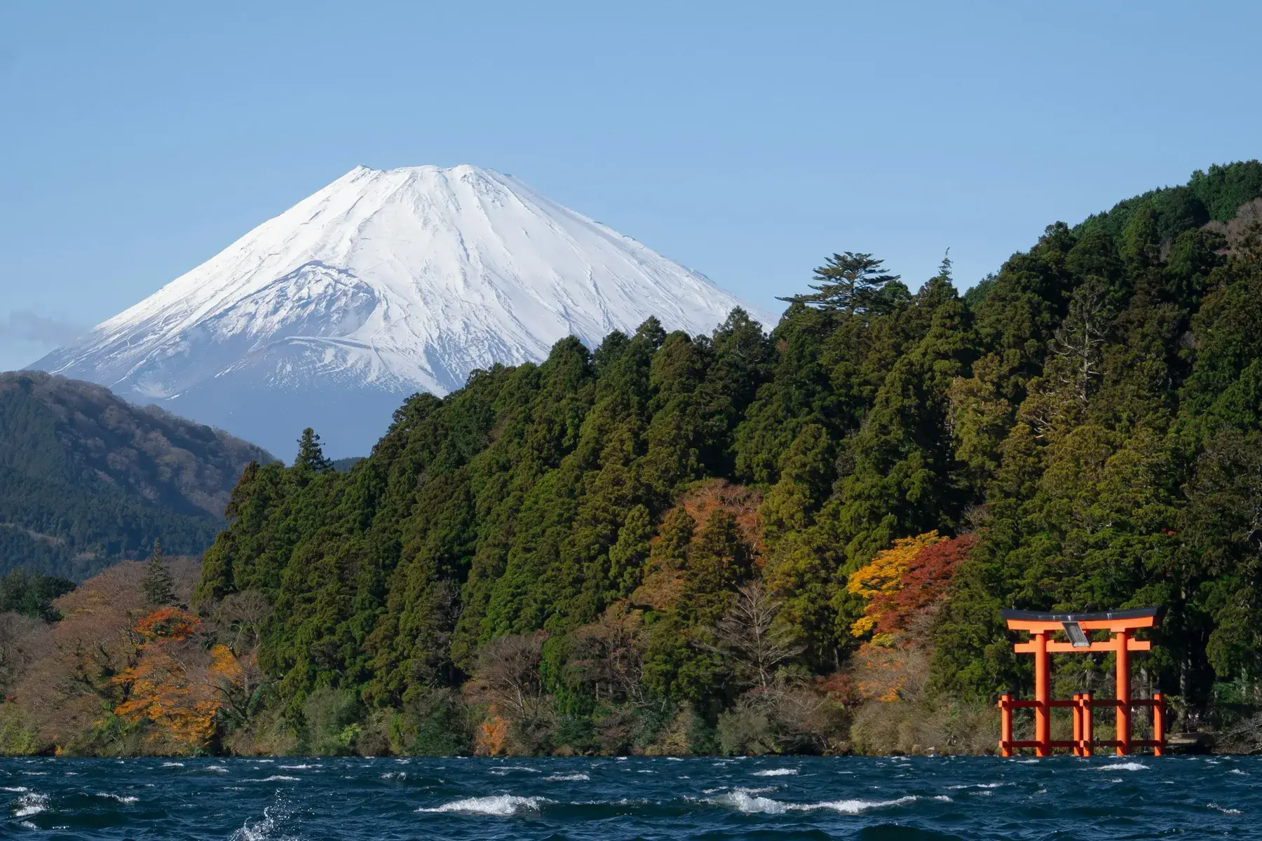 The Hakone Shrine torii gate on Lake Ashi with Mount Fuji behind it