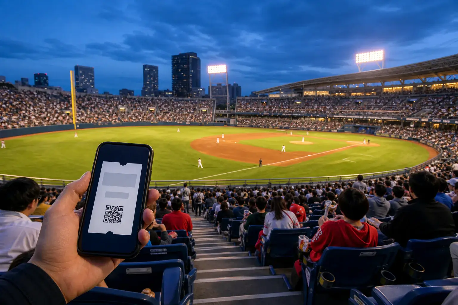 Baseball spectator in a Japanese stadium holding a digital ticket on a phone